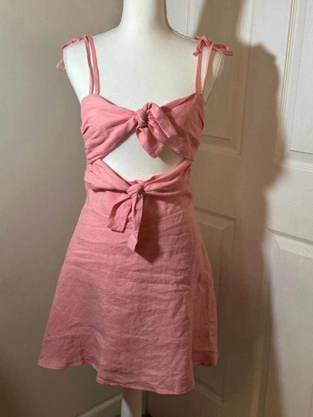 ✨Pink Linen Blend Cutout Tie Front Mini Dress
